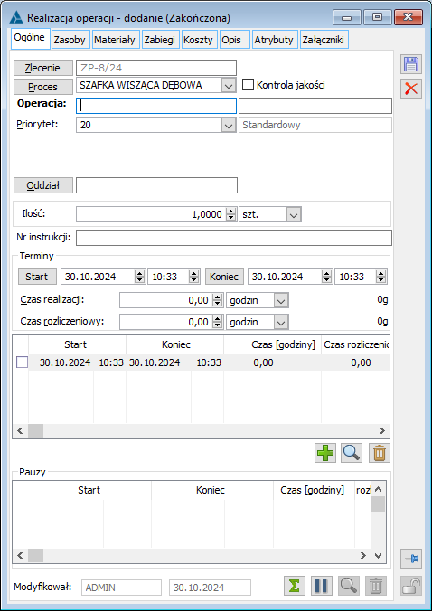 Comarch ERP XL nowa wersja 2025.0 - okno nowej nietechnologicznej realizacji